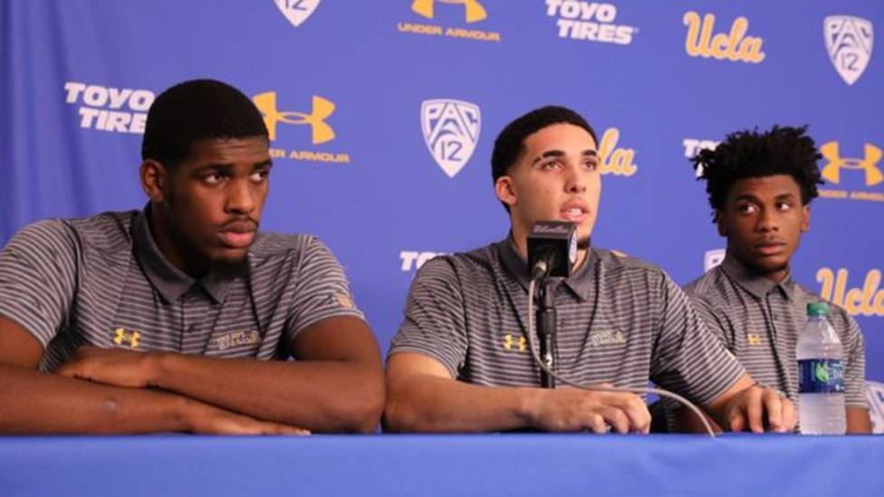 (L-R) UCLA basketball players Cody Riley, LiAngelo Ball and Jalen Hill