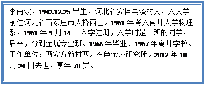 Text Box: 李甫波，1942.12.25出生，河北省安国县流村人，入大学前住河北省石家庄市大桥西区。1961年考入南开大学物理系，1961年9月14日入学注册，入学时是一班的同学，后来，分到金属专业班。1966年毕业、1967年离开学校。工作单位：西安方新村西北有色金属研究所。2012年10月24日去世，享年70岁。